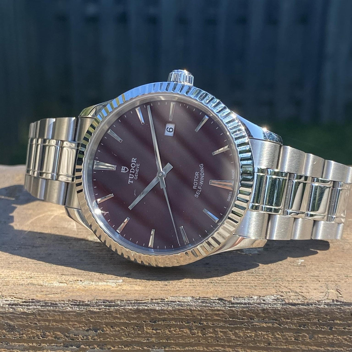 Tudor Style Automatic Burgundy Red Dial Silver Steel Strap Watch for Men - M12710-0015