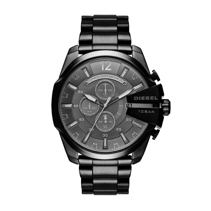 Diesel Mega Chief Chronograph Black Dial Black Steel Strap Watch For Men - DZ4355