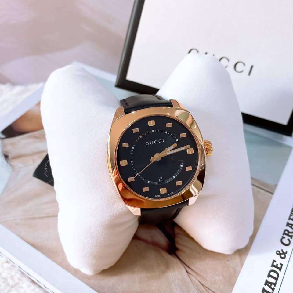 Gucci GG2570 Quartz Black Dial Black Leather Strap Watch For Men - YA142309