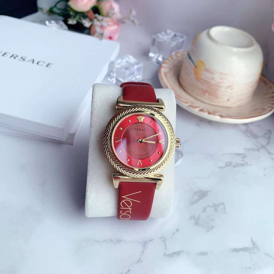 Versace V-Motif Red Dial Red Leather Strap Watch for Women - VERE00418