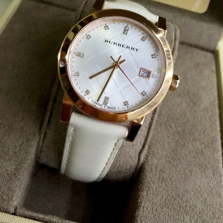 Burberry The City Diamonds White Dial White Leather Strap Watch for Women - BU9130
