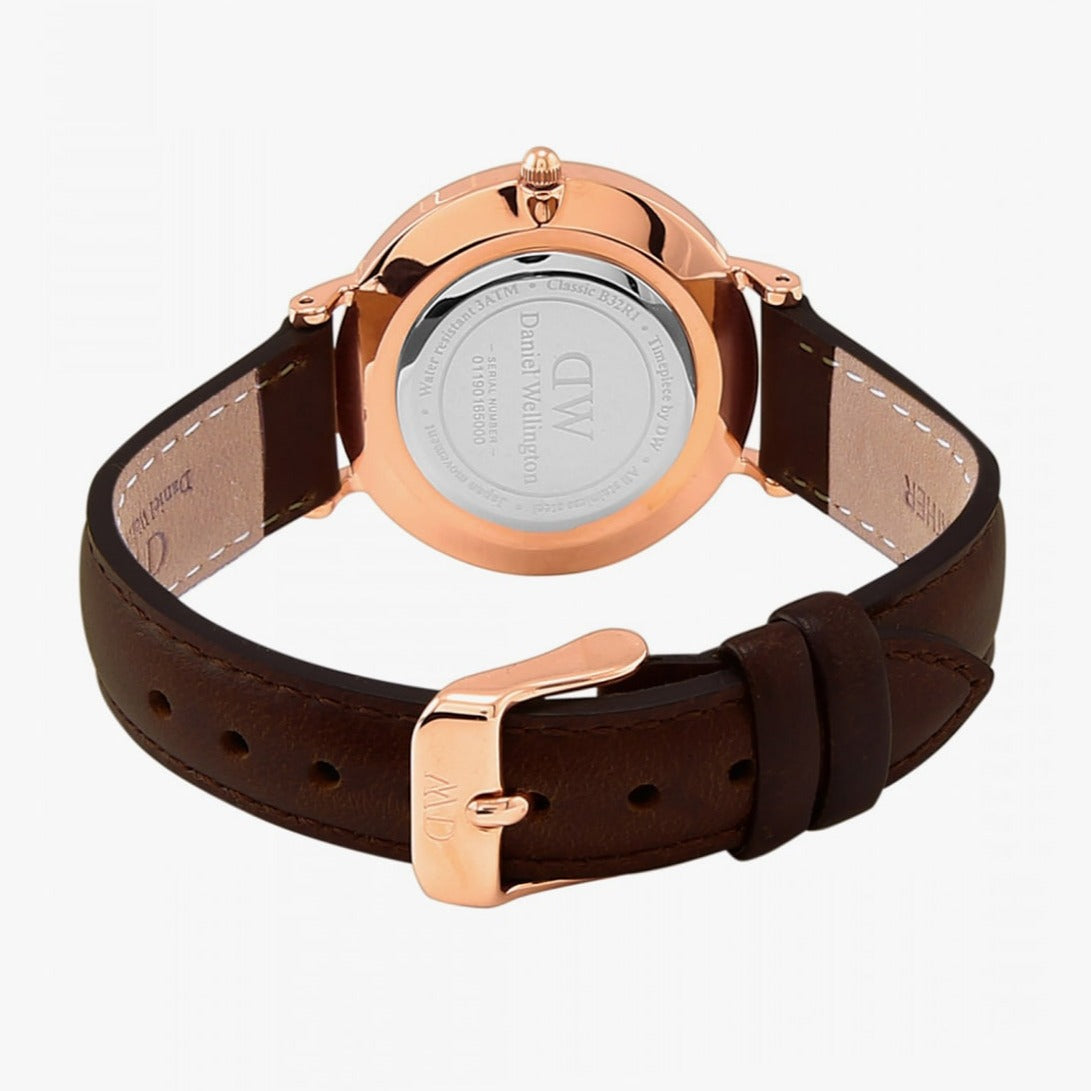 Daniel Wellington Classic Petite Bristol Black Dial Brown Leather Strap Watch For Women - DW00100221