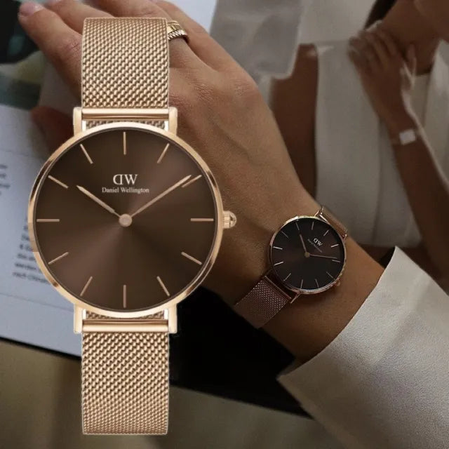 Daniel Wellington Petite Melrose Brown Dial Rose Gold Mesh Strap Watch For Women - DW00100477