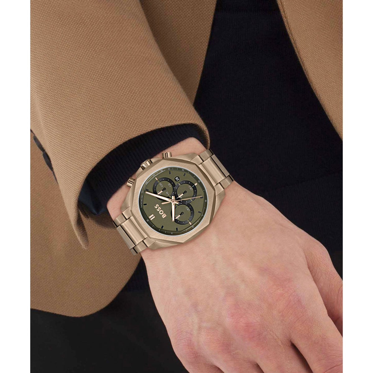 Hugo Boss Classic Chronograph Green Dial Beige Gold Steel Strap Watch For Men - 1514019