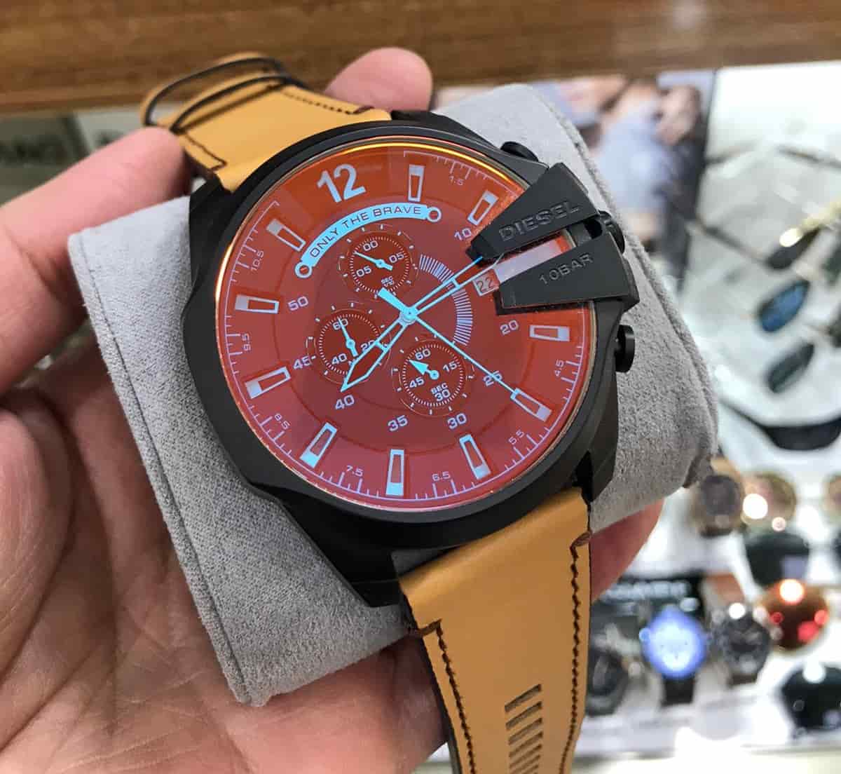 Diesel Mega Chief Chronograph Black Dial Brown Leather Strap Watch For Men - DZ4476