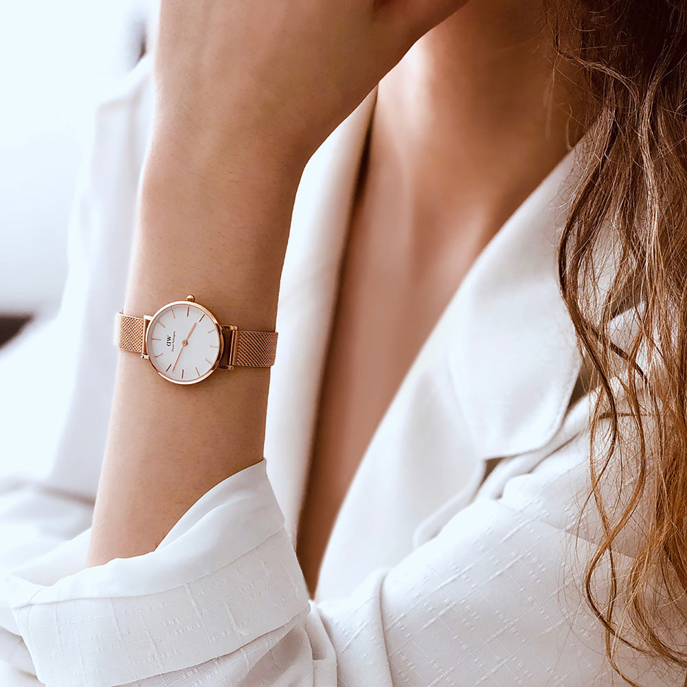 Daniel Wellington Classic Petite White Dial Rose Gold Mesh Bracelet Watch For Women - DW00100219