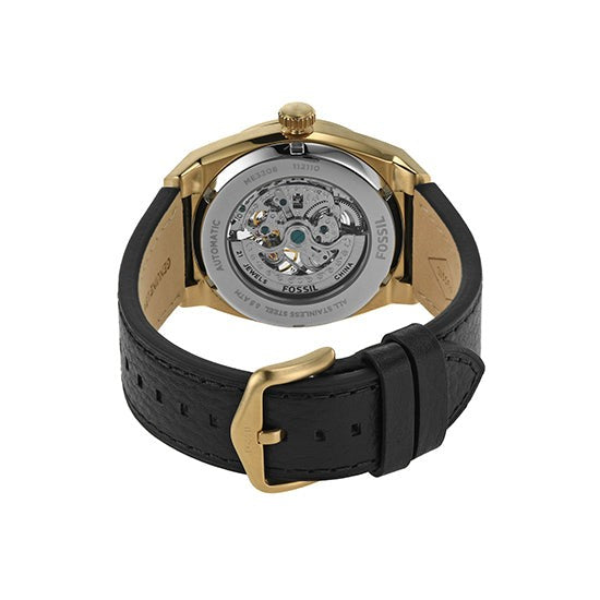 Fossil Everett Automatic Skeleton Black Dial Black Leather Strap Watch for Men - ME3208
