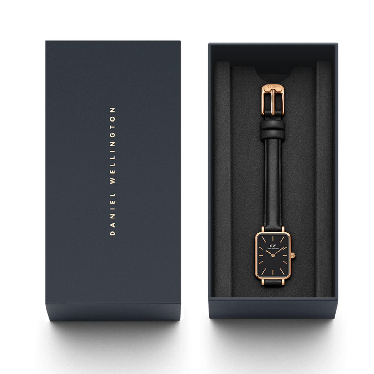 Daniel Wellington Quadro Black Dial Black Leather Strap Watch For Women  - DW00100449