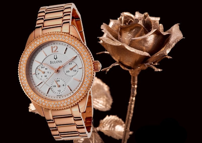 Bulova Crystal Silver Dial Rose Gold Steel Strap Watch for Women - 97N101