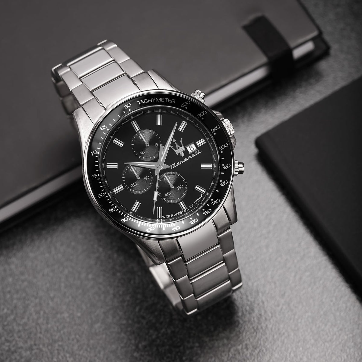 Maserati SFIDA Chronograph Black Dial Silver Steel Strap Watch For Men - R8873640015