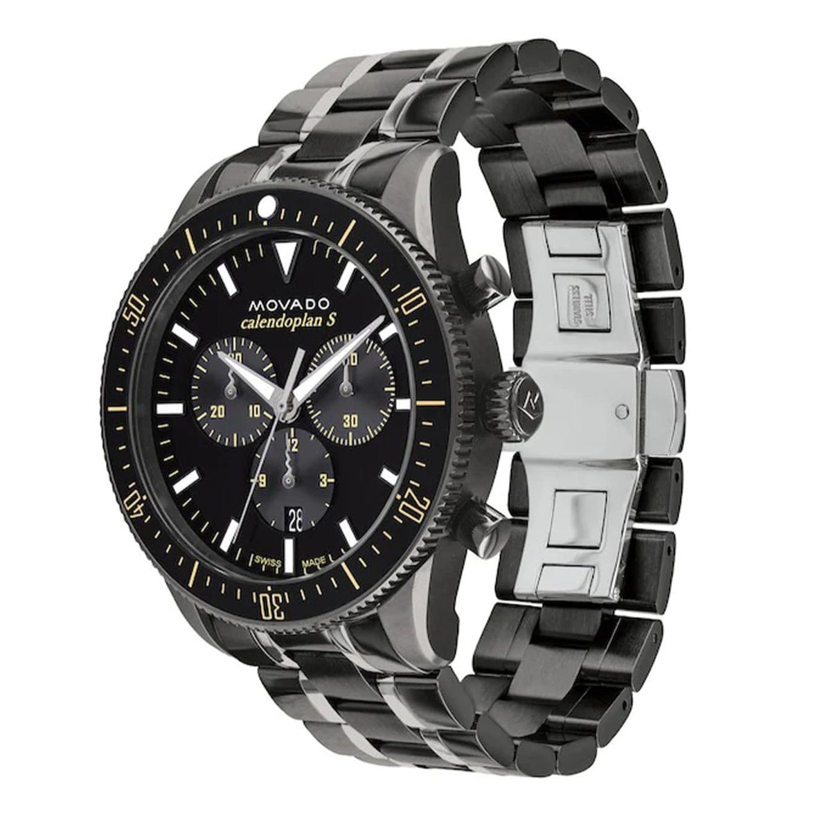 Movado Heritage Calendoplan Chronograph Black Dial Black Steel Strap Watch For Men - 3650125