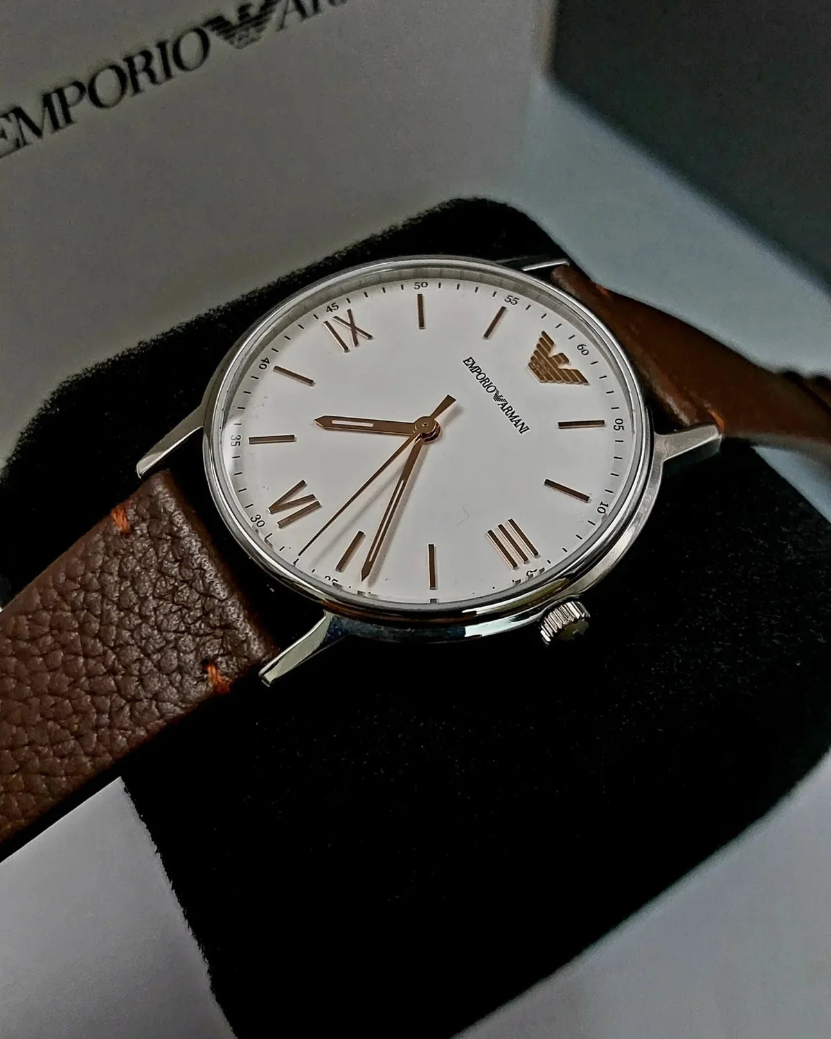 Emporio Armani Kappa Silver Dial Brown Leather Strap Watch for Men - AR11173