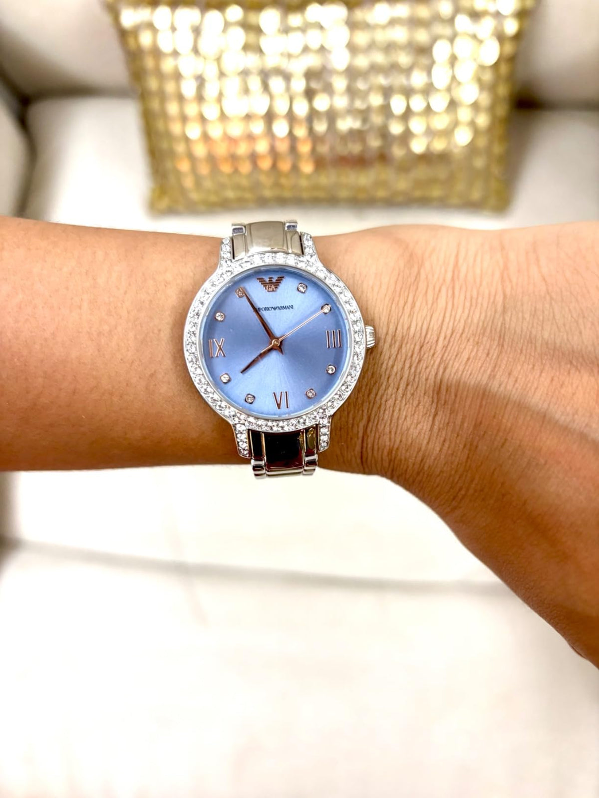 Emporio Armani Cleo Sunray Blue Dial Silver Steel Strap Watch for Women - AR11585