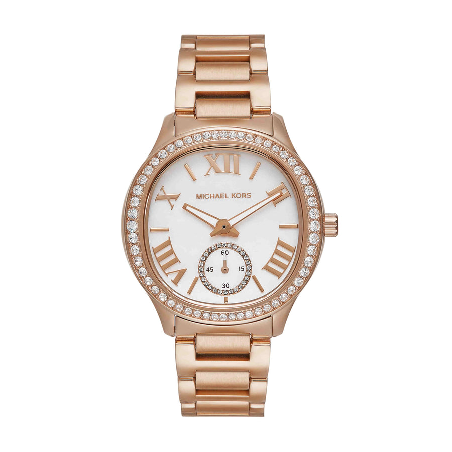 Michael Kors Sage Three-Hand Mother of Pearl White Dial Rose Gold Steel Strap Watch for Women - MK4806