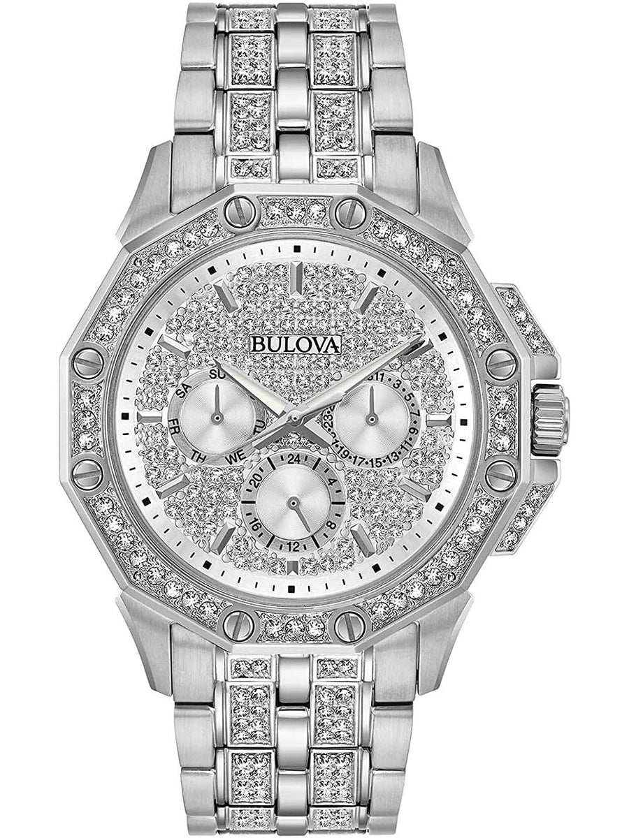 Bulova Crystal Collection Pave Silver Dial with Crystals Silver Steel Strap Watch for Men - 96C134