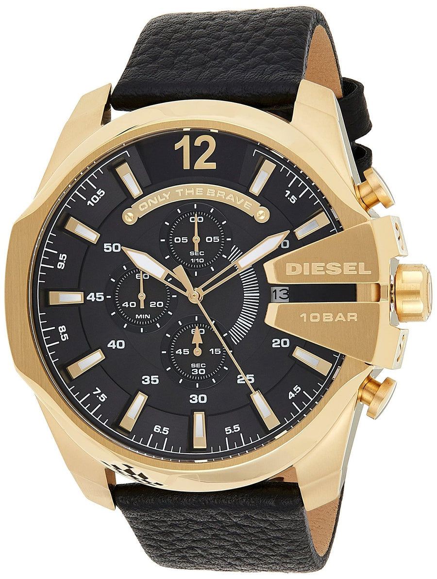 Diesel Mega Chief Chronograph Black Dial Black Leather Strap Watch For Men - DZ4344
