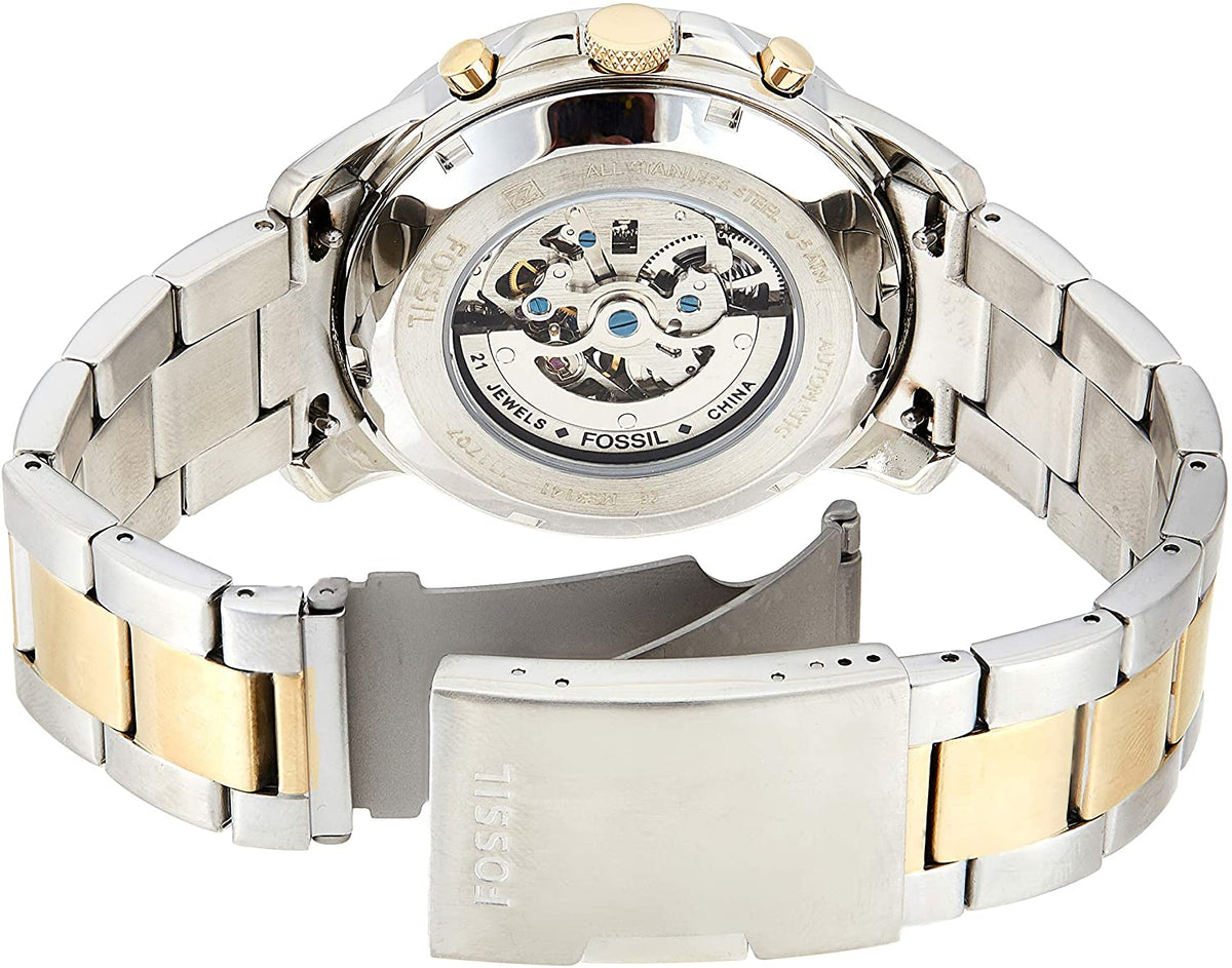 Fossil Grant Sport Automatic Skeleton Blue Dial Two Tone Steel Strap Watch for Men - ME3141