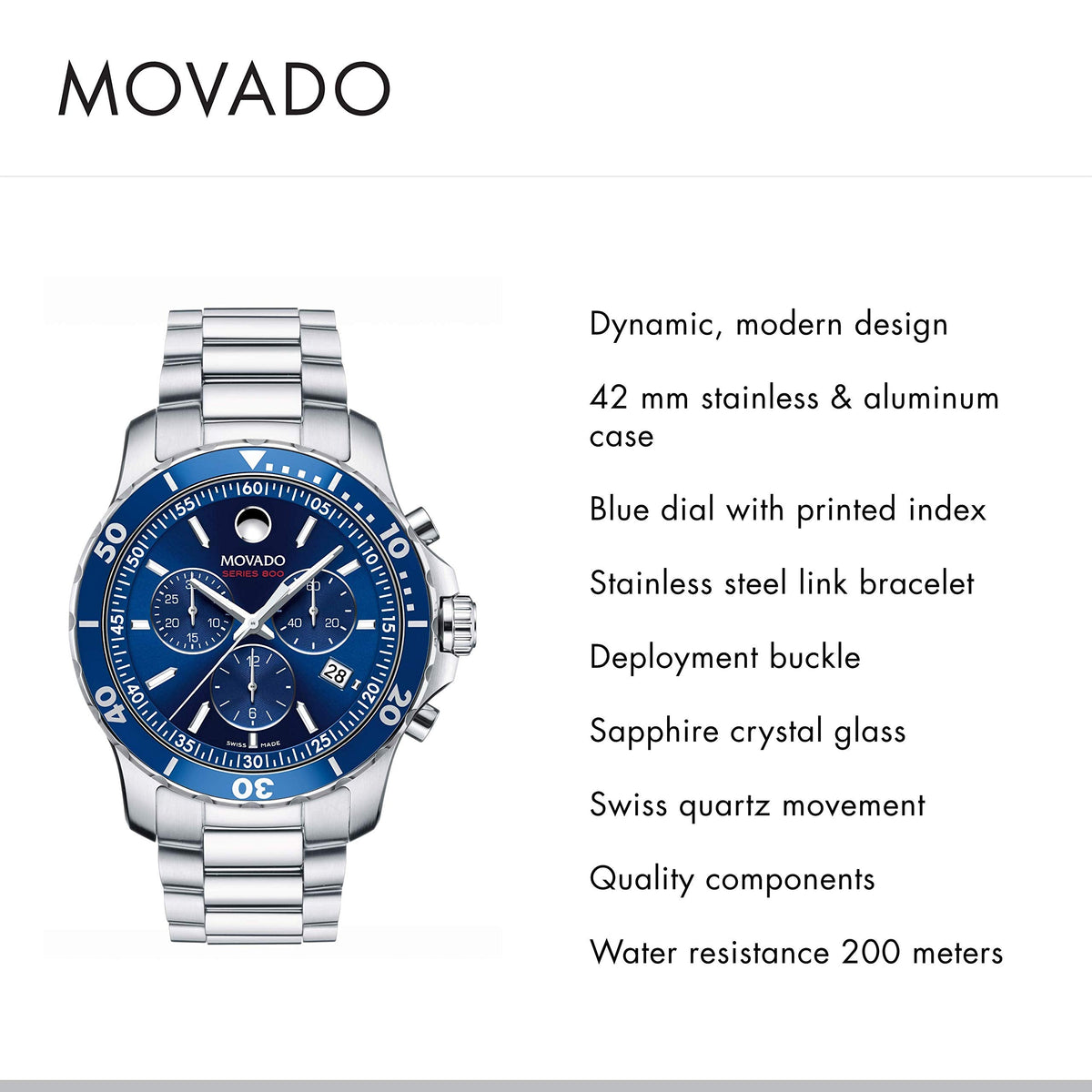 Movado Series 800 Blue Dial Silver Steel Strap Watch for Men - 2600151