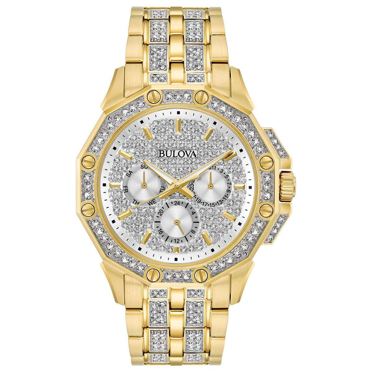 Bulova Crystal Collection Octova White Dial Gold Steel Strap Watch for Men - 98C126