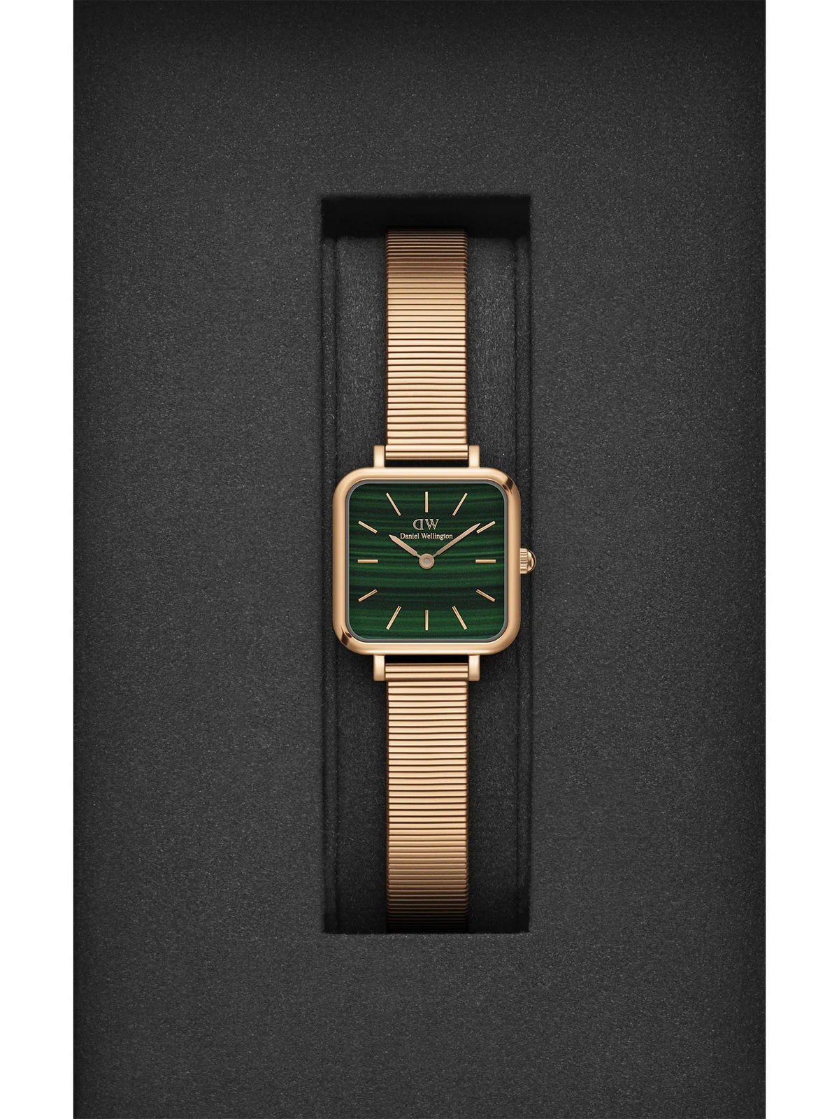 Daniel Wellington Quadro Studio Green Dial Rose Gold Mesh Strap Watch For Women - DW00100520
