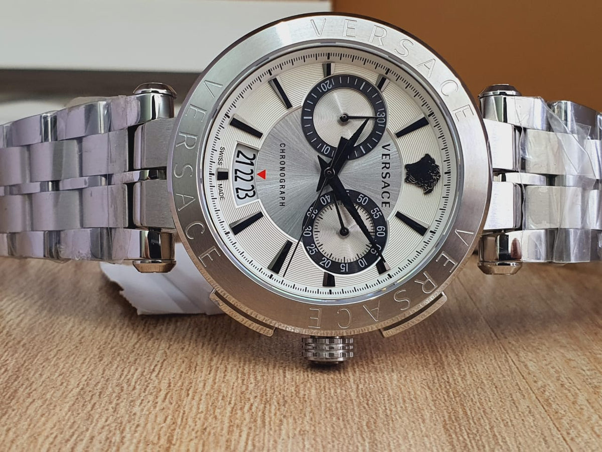 Versace Aion Chronograph White Dial Silver Steel Strap Watch for Men - VBR040017
