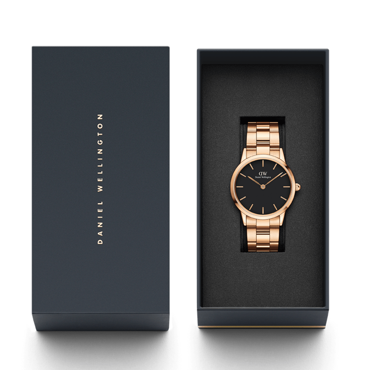 Daniel Wellington Iconic Link Black Dial Rose Gold Steel Strap Watch For Men - DW00100344