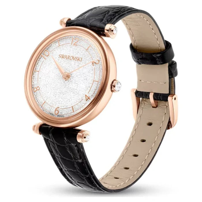 Swarovski Crystalline Wonder Silver Dial Black Leather Strap Watch for Women - 5653359