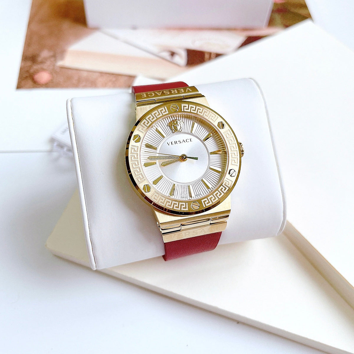 Versace Greca Silver Dial Red Leather Strap Watch for Women - VEVH00420