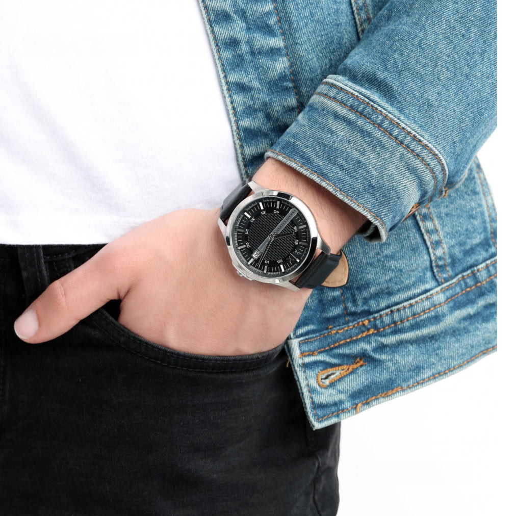 Armani Exchange Hampton Chronograph Black Dial Black Leather Strap Watch For Men - AX2101