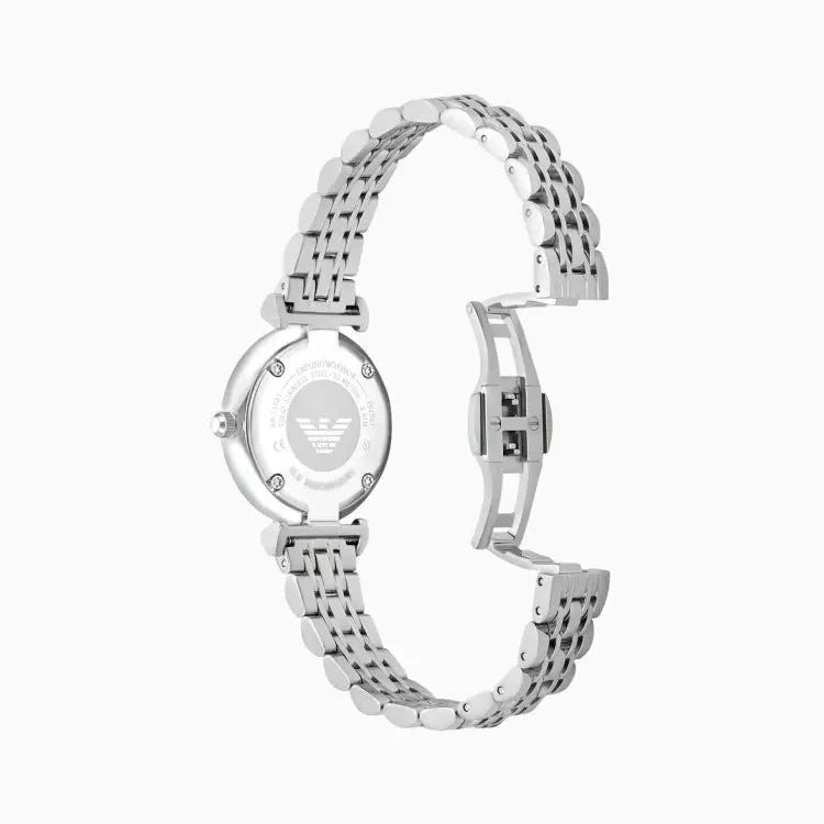 Emporio Armani Gianni T-Bar Mother of Pearl Dial Silver Steel Strap Watch for Women - AR11701