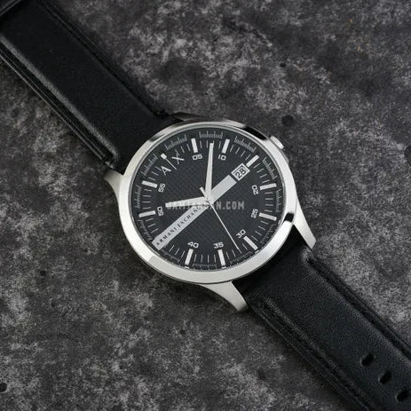 Armani Exchange Hampton Chronograph Black Dial Black Leather Strap Watch For Men - AX2101