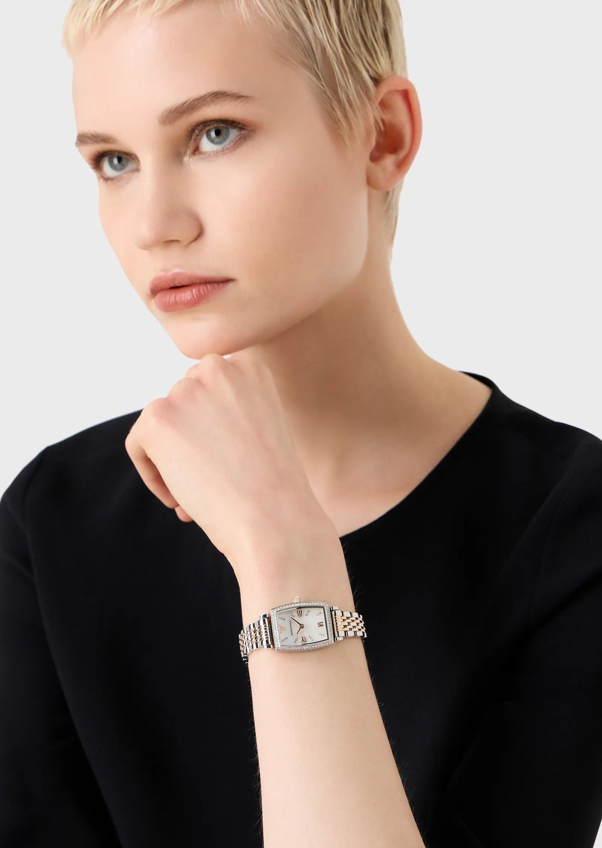 Emporio Armani Gianni T Bar White Mother Of Pearl Dial Two Tone Steel Strap Watch For Women - AR11519