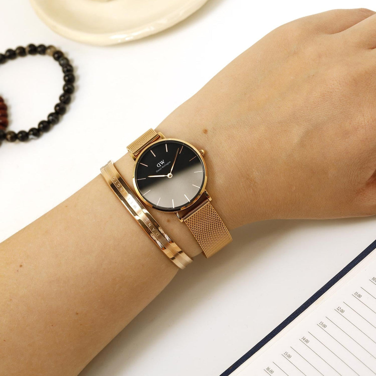 Daniel Wellington Classic Melrose Black Dial Rose Gold Mesh Bracelet Watch For Women - DW00100161