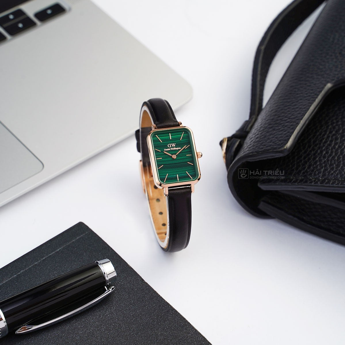 Daniel Wellington Quadro Pressed Sheffield Green Dial Black Leather Strap Watch For Women - DW00100439