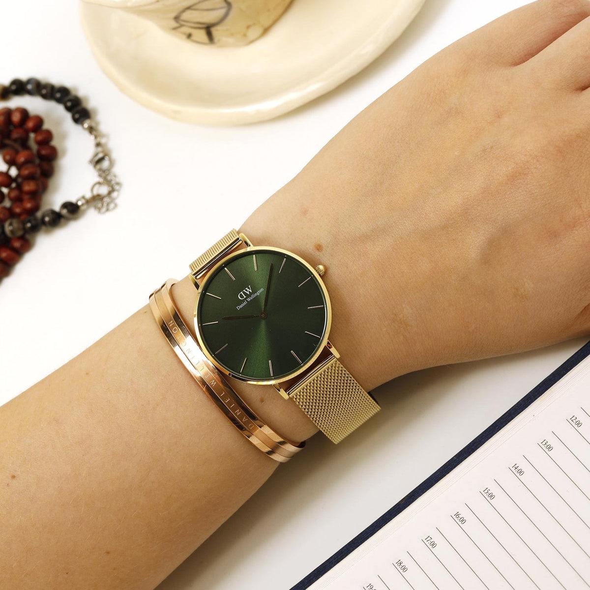 Daniel Wellington Petite Emerald Green Dial Gold Mesh Strap Watch For Women - DW00100481