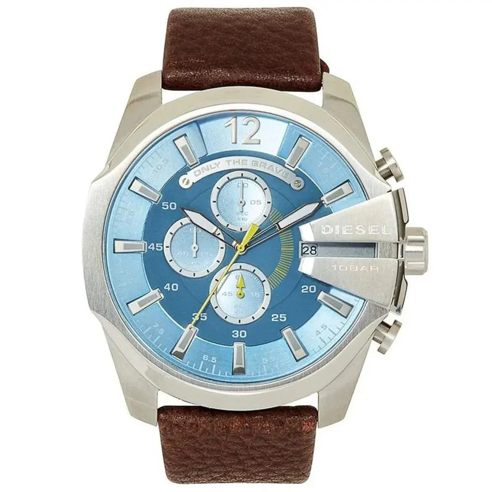 Diesel Mega Chief Chronograph Blue Dial Brown Leather Strap Watch For Men - DZ4281