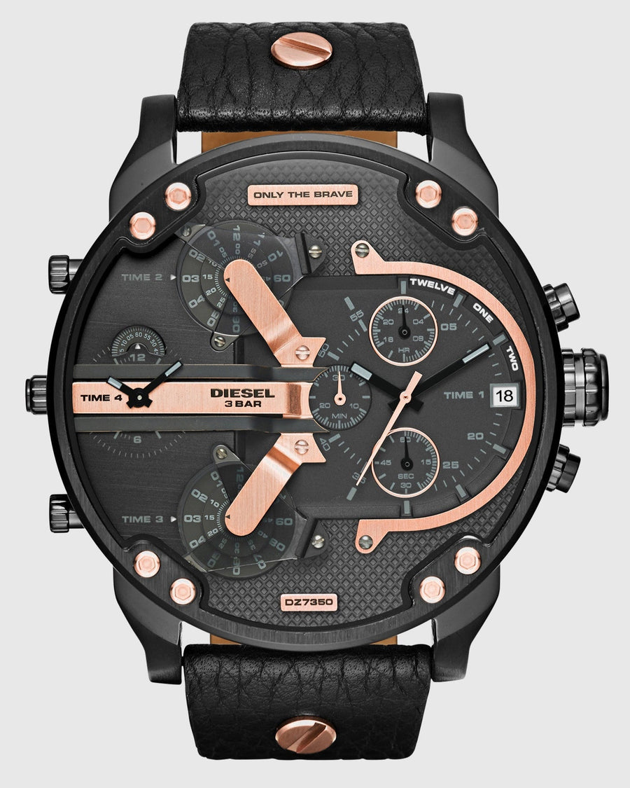 Diesel Mr Daddy 2.0 Chronograph Black Dial Black Leather Strap Watch For Men - DZ7350