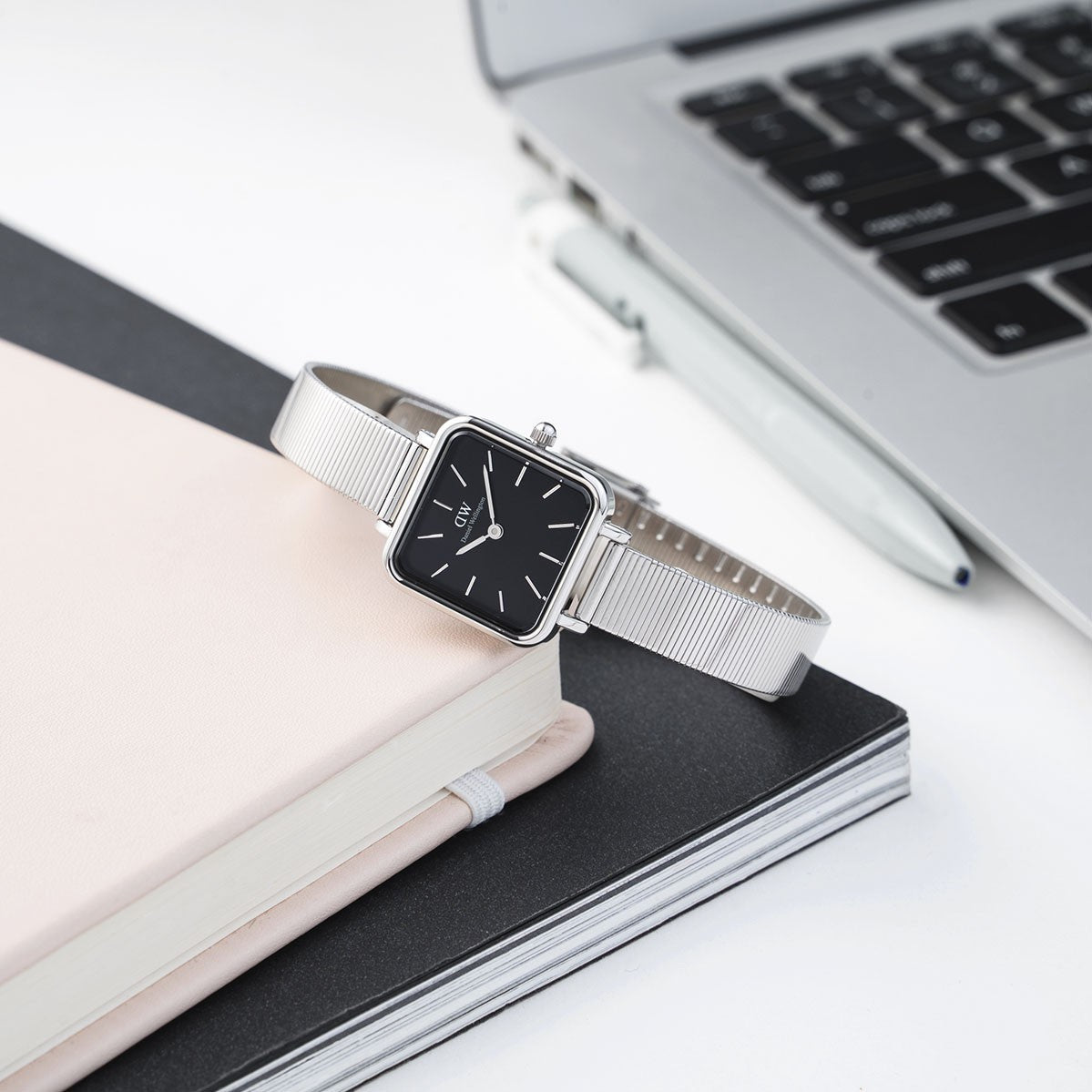 Daniel Wellington Quadro Studio Black Dial Silver Mesh Strap Watch For Women - DW00100522
