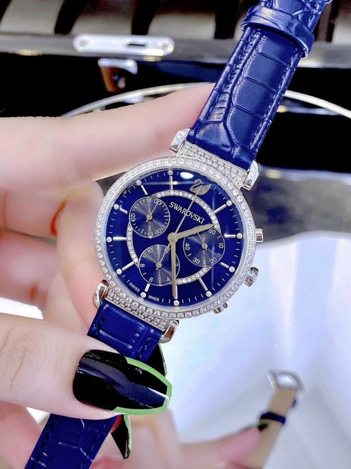Swarovski Passage Chrono Crystal Blue Dial Blue Leather Strap Watch for Women - 5580342