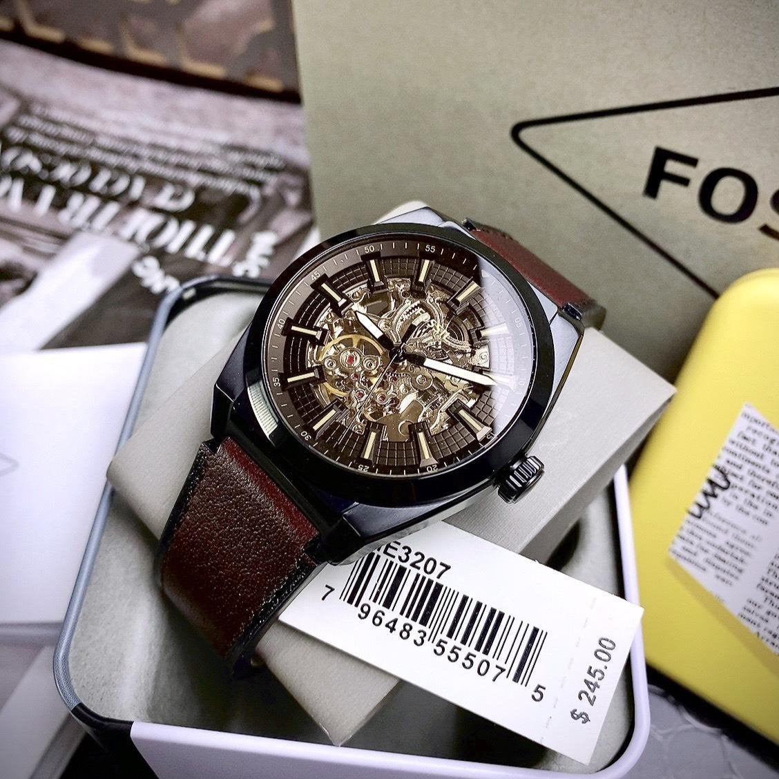 Fossil Everett Automatic Analog Black Dial Brown Leather Strap Watch for Men - ME3207