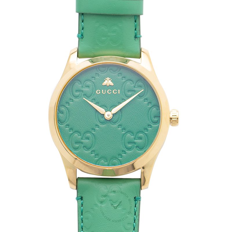 Gucci G Timeless Quartz Green Dial Green Leather Strap Watch For Women - YA1264099