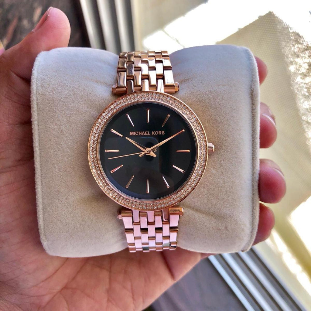 Michael Kors Darci Black Dial Rose Gold Steel Strap Watch for Women - MK3402