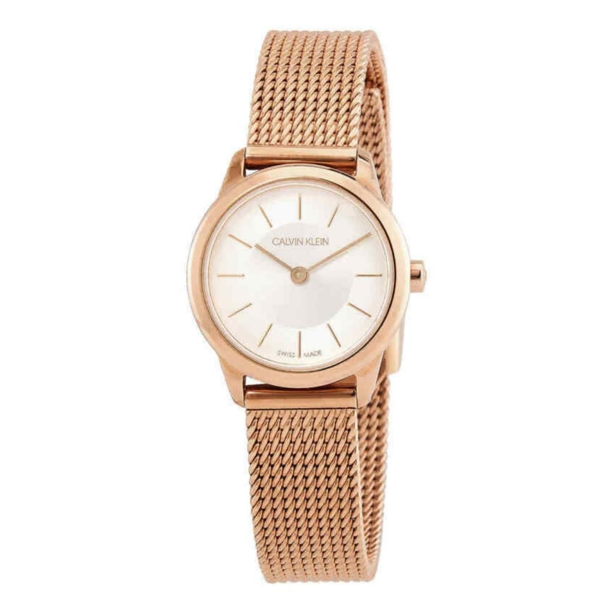 Calvin Klein Minimal White Dial Rose Gold Mesh Bracelet Watch for Women - K3M23626