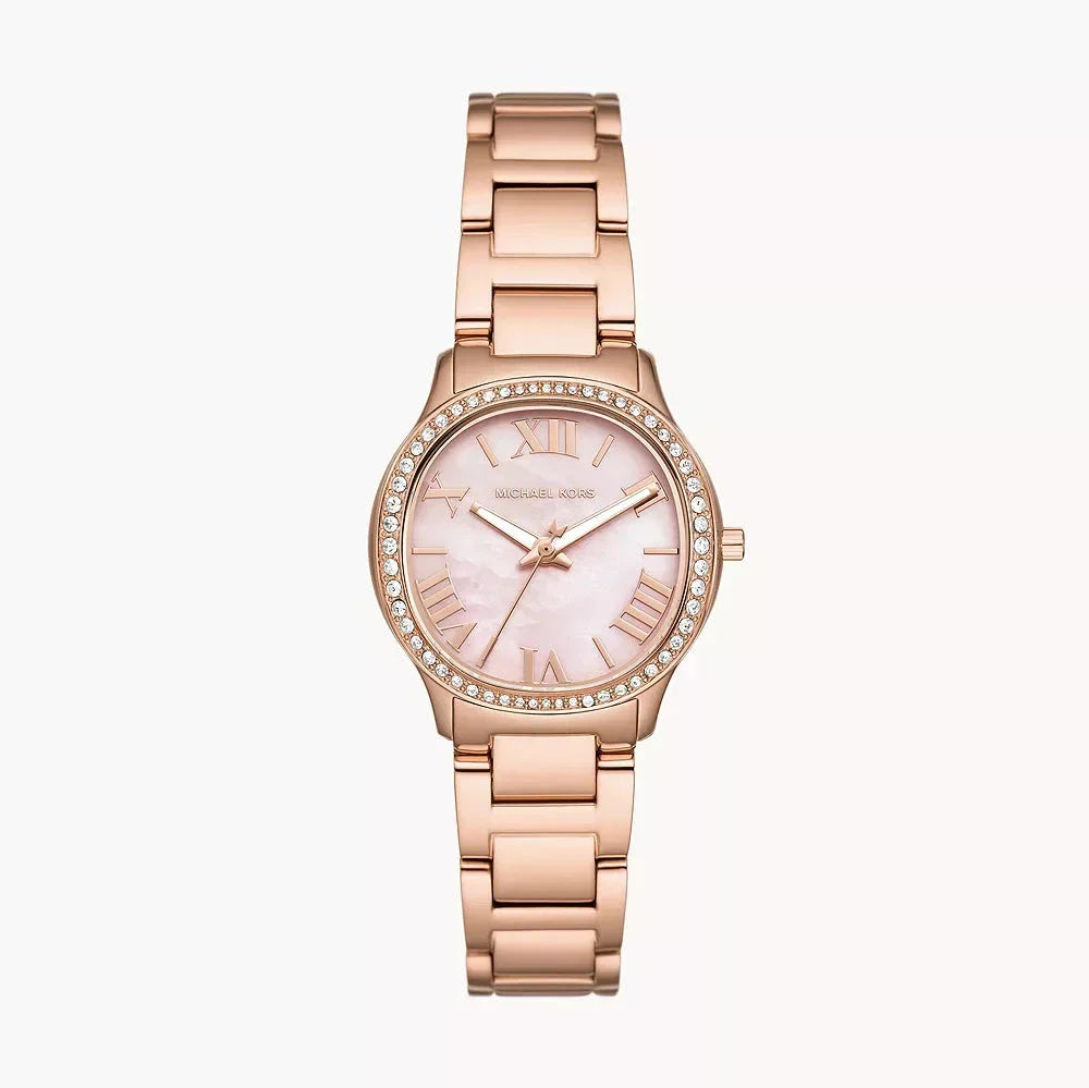 Michael Kors Sage Three-Hand Crystals Mother of Pearl Dial Rose Gold Steel Strap Watch for Women - MK4823