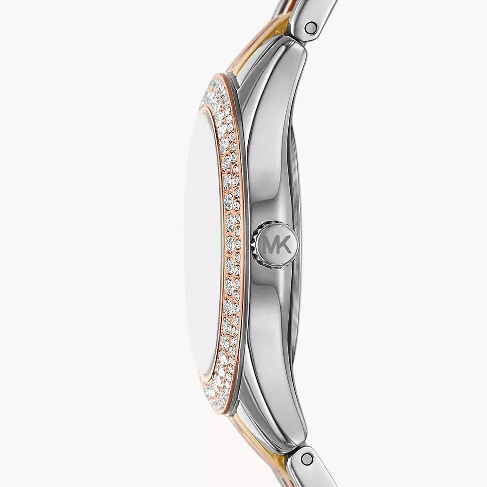 Michael Kors Harlowe Three-Hand Mother of Pearl White Dial Tri Tone Steel Strap Watch for Women - MK4846