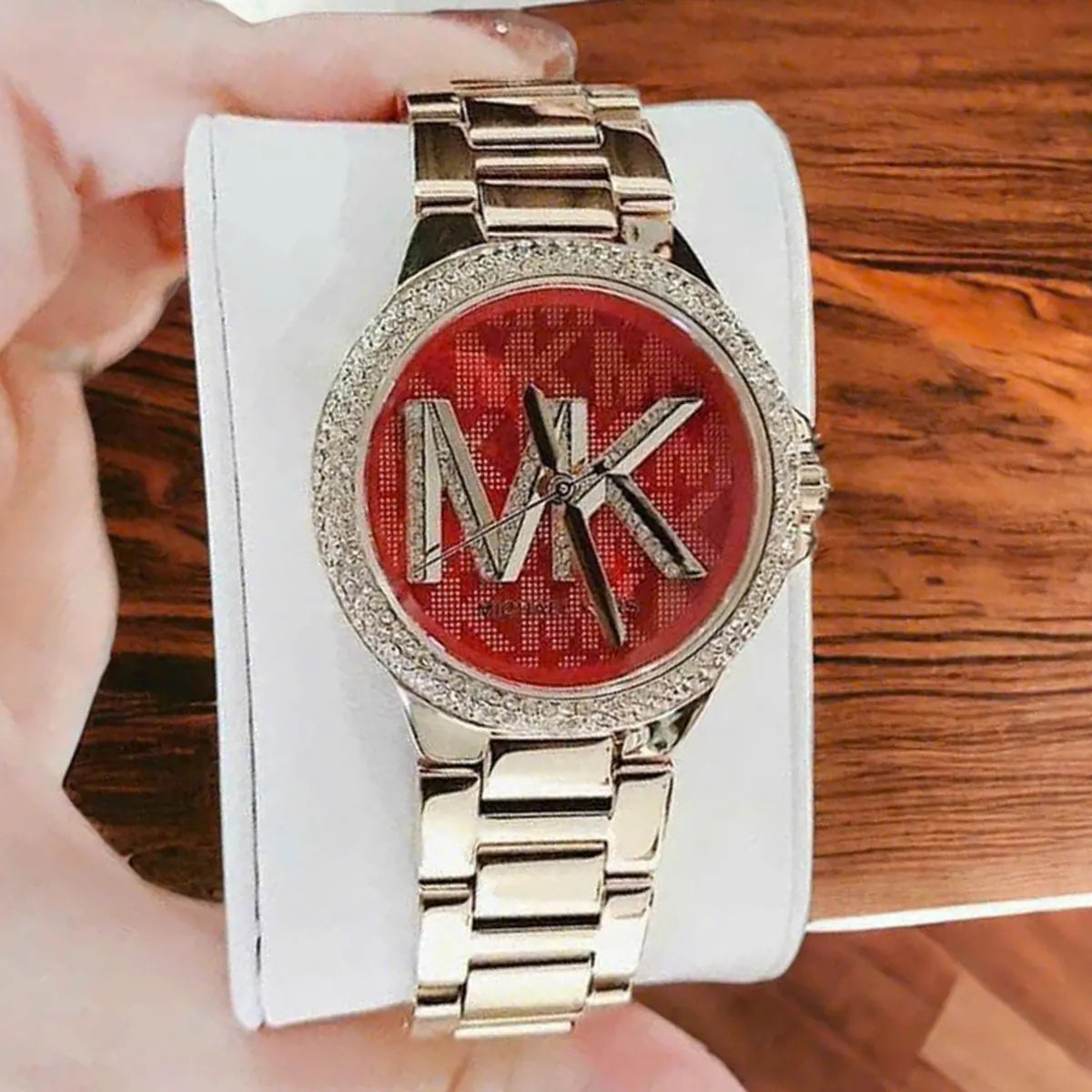 Michael Kors Camille Analog Red Dial Gold Steel Strap Watch For Women - MK7196