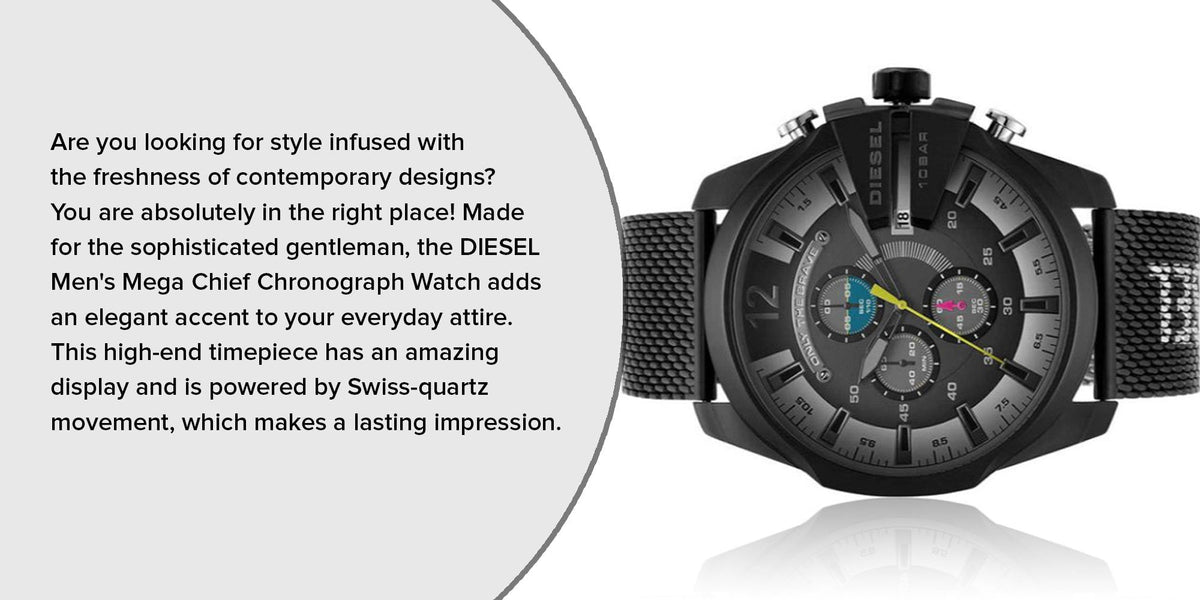 Diesel Mega Chief Chronograph Black Dial Black Mesh Bracelet Watch For Men - DZ4514