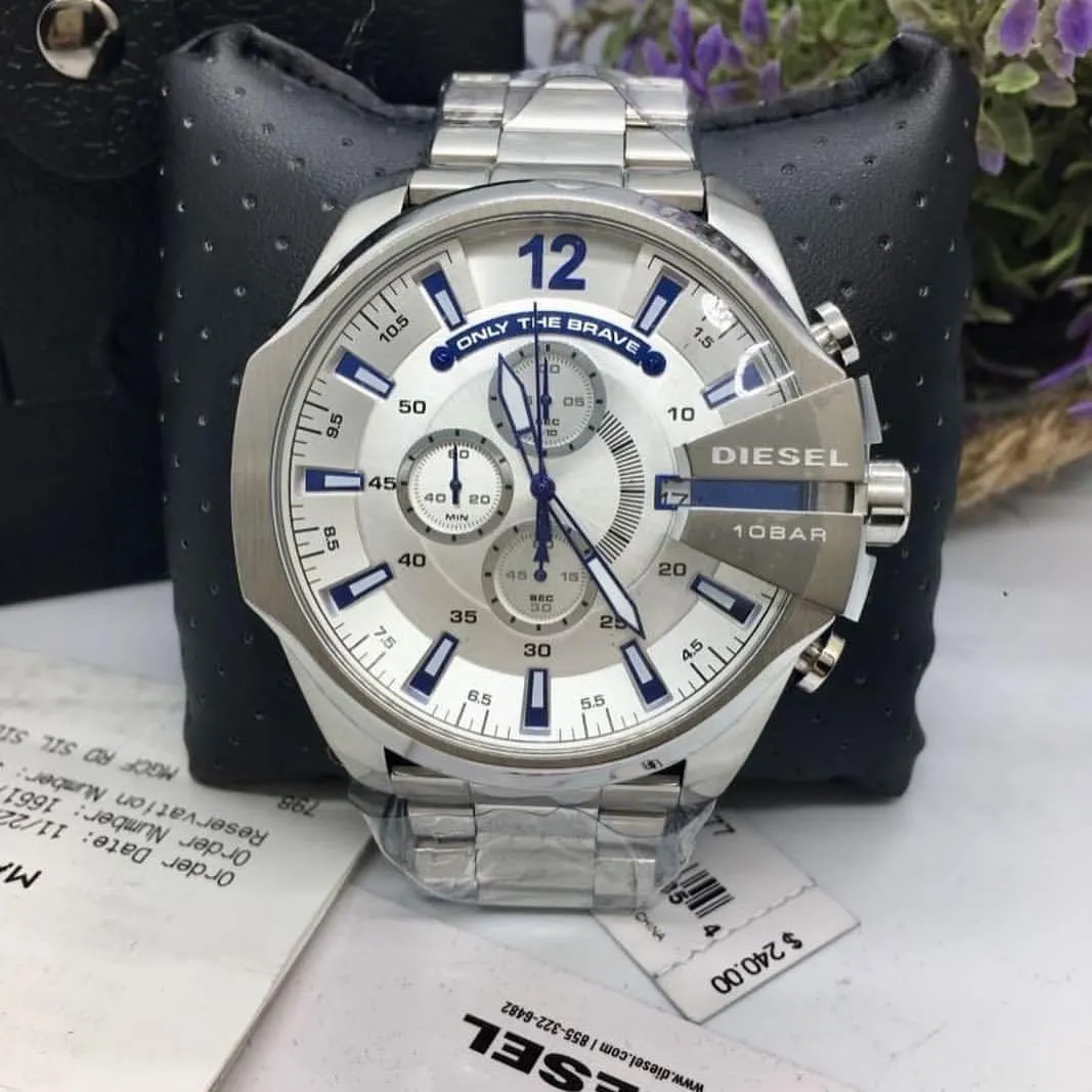 Diesel Mega Chief Chronograph White Dial Silver Steel Strap Watch For Men - DZ4477