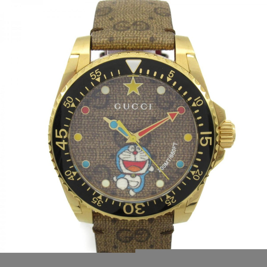 Gucci Dive Doraemon Quartz Brown Dial Brown Leather Strap Watch For Men - YA136335