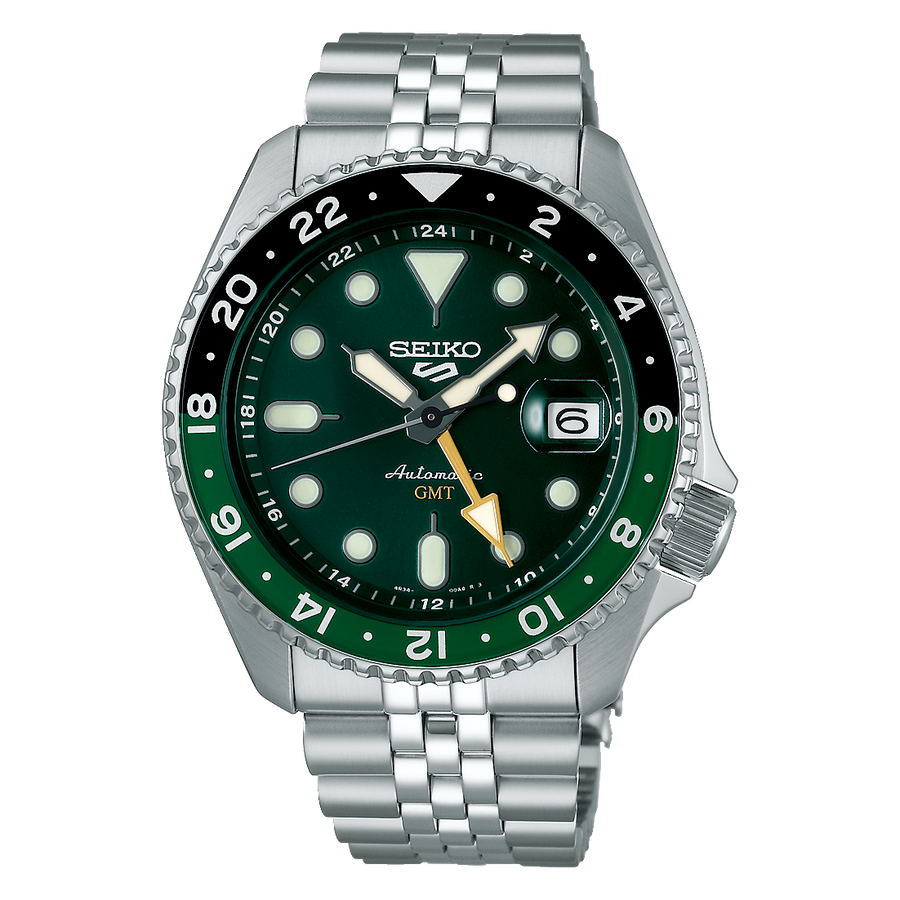 Seiko 5 Sports SKX GMT Automatic Green Dial Silver Steel Strap Watch For Men - SSK035K1